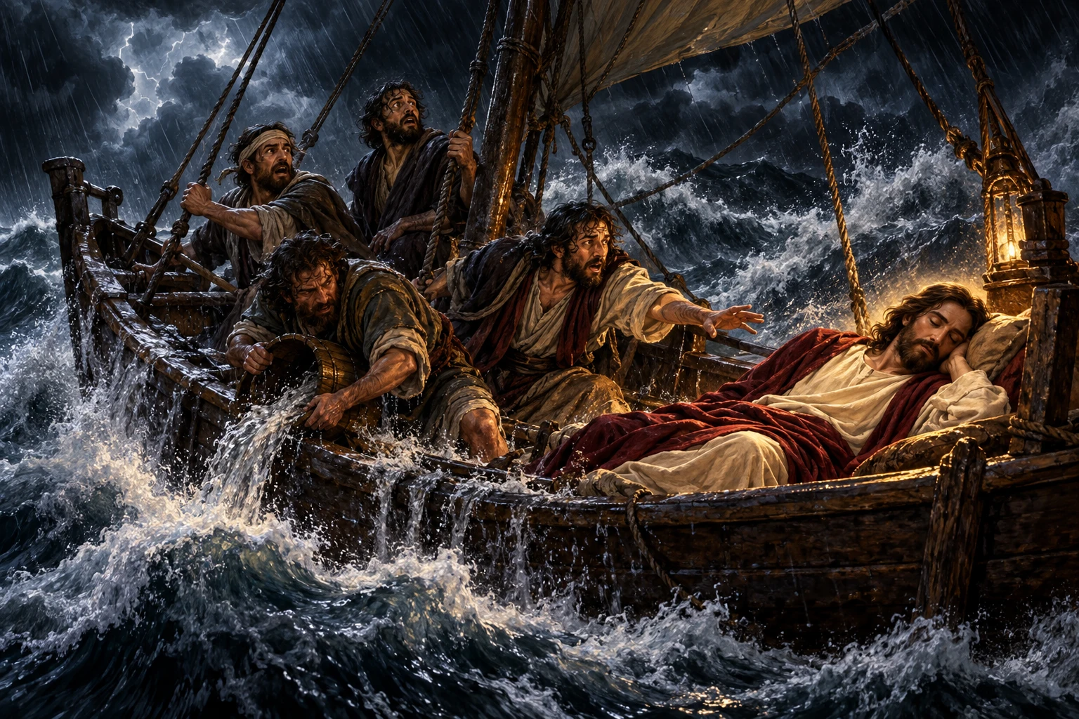 Jesus dormindo no barco durante a tempestade, ao lado dos discípulos assustados